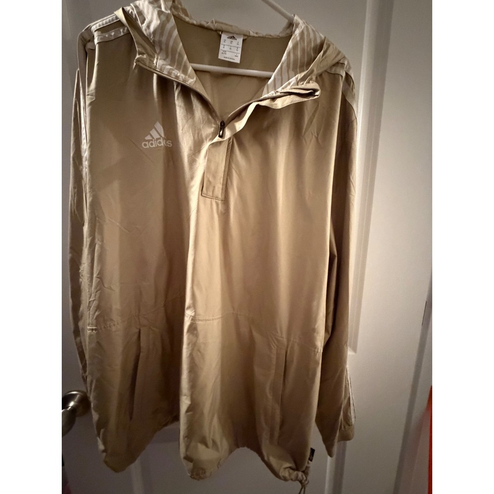 Adidas Men XL Tan Khaki Half Zip Windbreaker Hooded Jacket Pullover Striped Trim - Picture 4 of 6